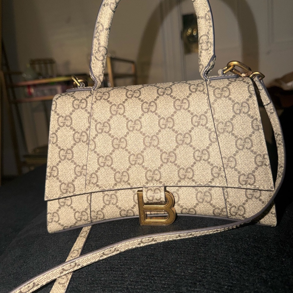 Beige Monogram Mini Bag with Gold Accents